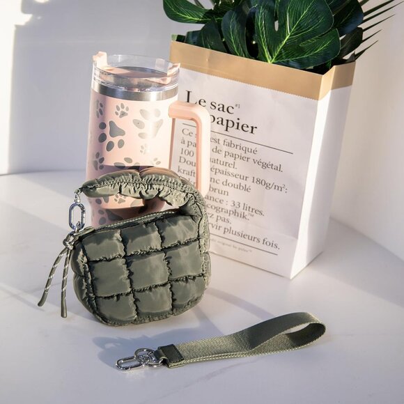 Women's Green Mini Cute Quilted Wristlet Charm Gift Pouch Puffer Evening Bag - Picture 6 of 6